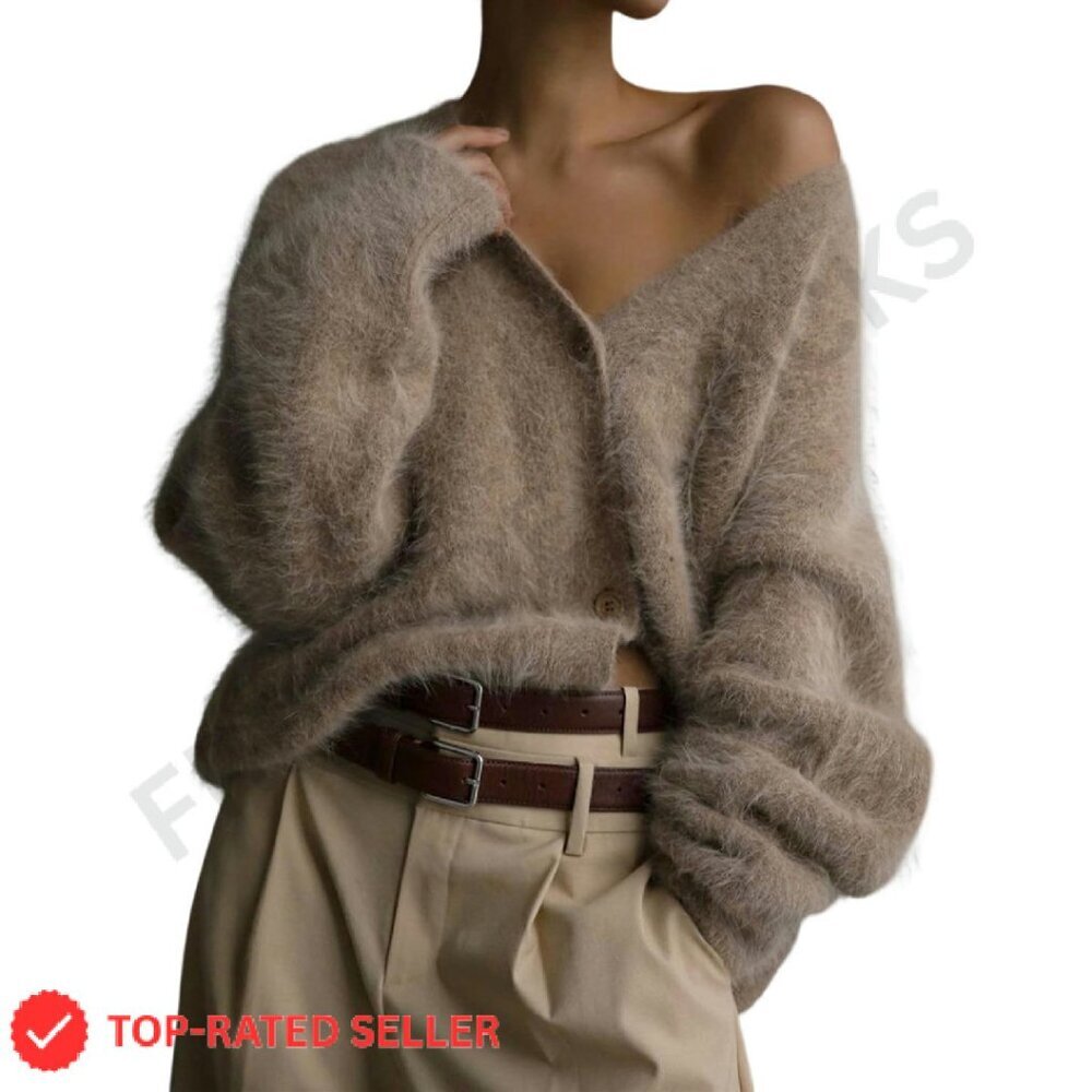 Fuzzy V-Neck Cardigan Slouchy Button Down Sweater Cozy Knit Chic